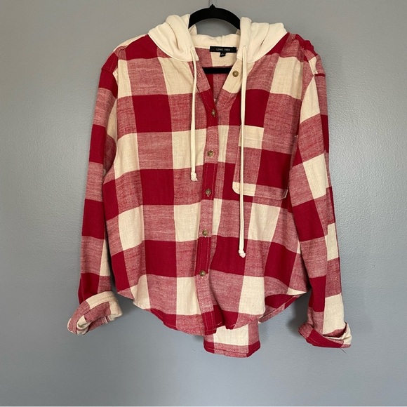 Love Tree | Hooded Red Plaid Button Up Shacket Top szL - Picture 1 of 15